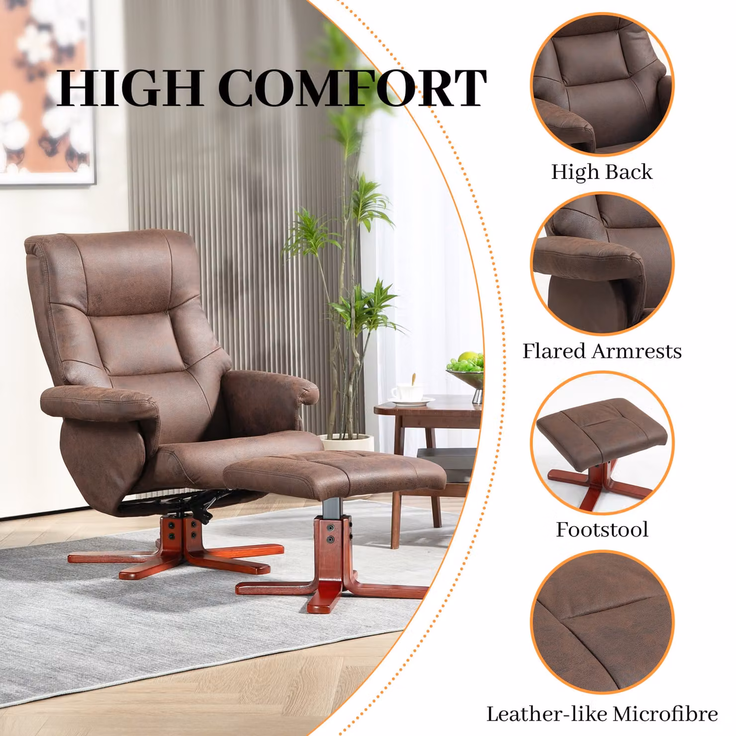 HOMCOM Faux Microfibre Leather Manual Recliner and Footstool Set in Dark Brown – 6
