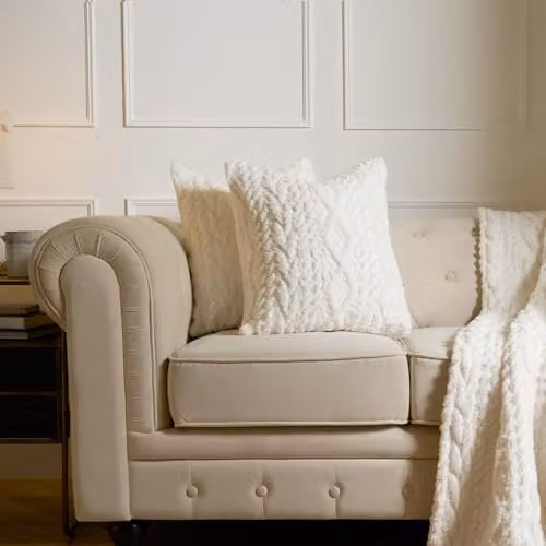 OHS Set of 2 Cable Knit and Sherpa Decorative Cushions with Removable Covers, Cream, W/D/H: 45 x 45 x 45 cm – 3