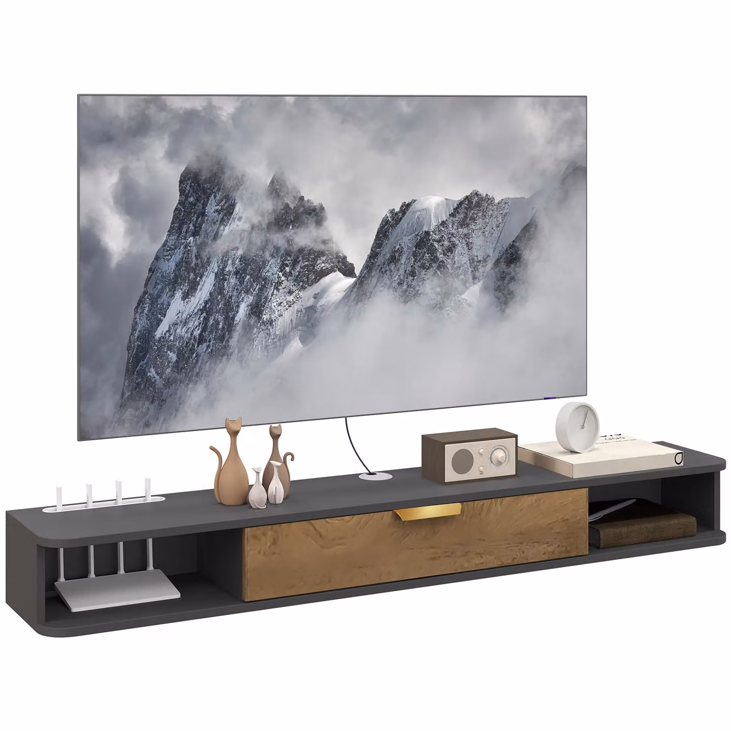 HOMCOM Modern Floating TV Unit with Storage in Grey and Black, 140 cm – 2