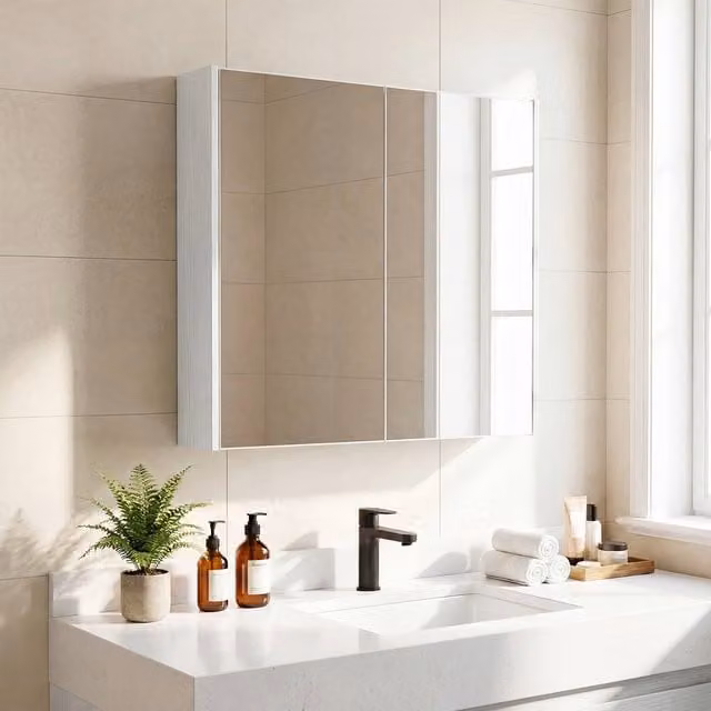 Costway White Wooden Wall Mounted Bathroom Medicine Cabinet with Mirror and Soft Close Hinged Doors – 1