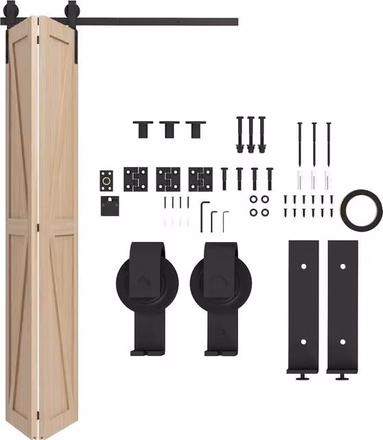 HOMCOM Black Steel Bi-Folding Sliding Barn Door Hardware Track Kit for 2 Doors with J Shape Hanger, 122 cm