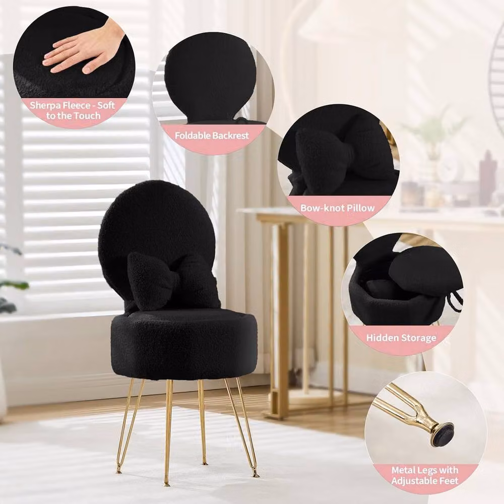 London Boutique Black and Gold Vanity Stool with Storage and Folding Back – 4