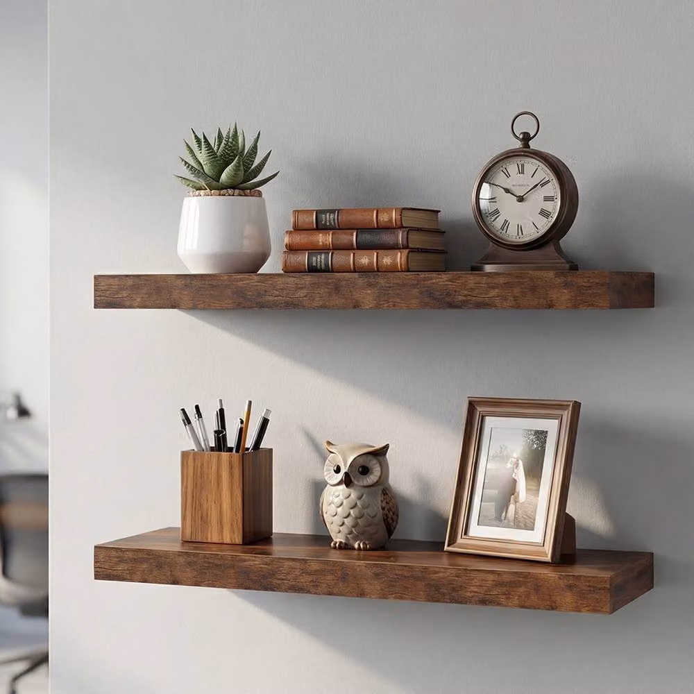 Levede Modern Brown Wood Floating Wall Mounted Storage Shelves, 2 Pack – 3