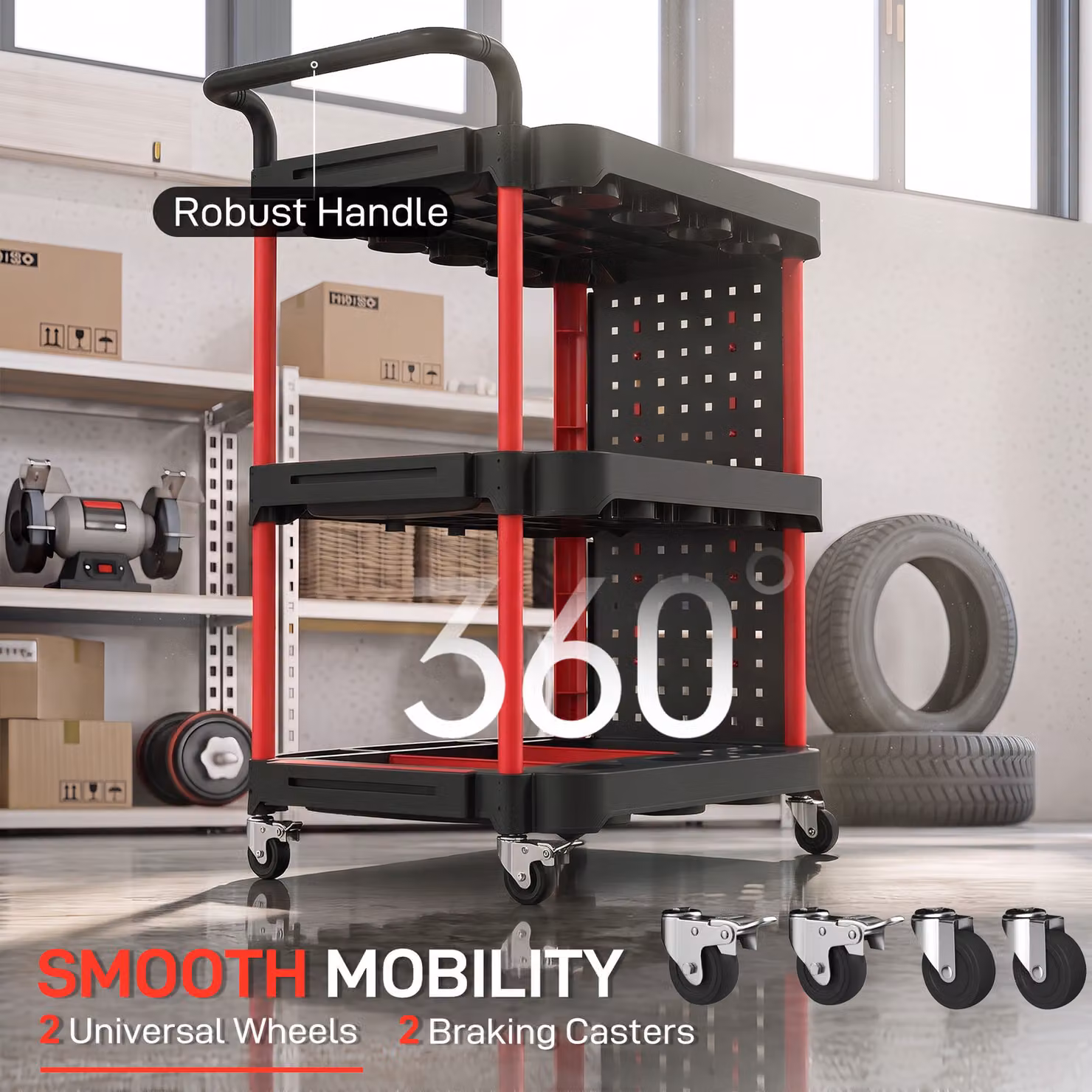 HOMCOM 3-Tier Rolling Tool Cart with Pegboard and Hooks, Black and Red Storage Trolley with Brakes – 4