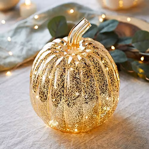 Lights4fun Gold Mottled Glass Pumpkin Battery Operated LED Autumn and Halloween Tabletop Decoration, Height: 21 cm – 2