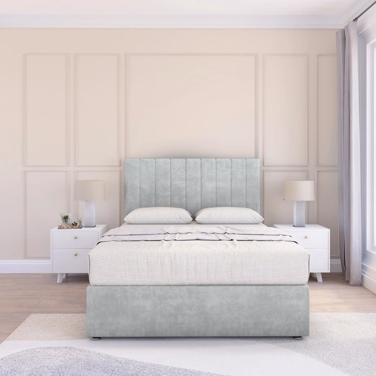 Sloomy Kansas Single Divan Bed Base and 26 inch Struts Headboard in Silver Velvet Fabric, W/D/H: 90 x 200 cm