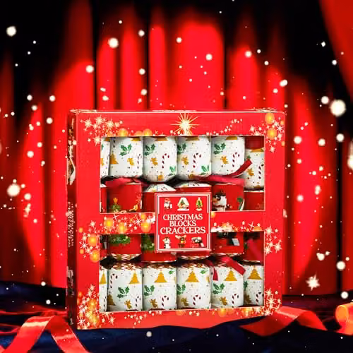 KreativeKraft Luxury Pop Christmas Crackers, Pack of 6 Red and Multicolour Novelty Xmas Crackers with Blocks – 5