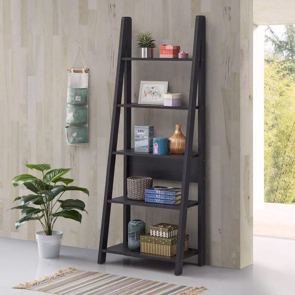 Timber Art Design Riva Retro 5 Tier Ladder Bookcase Display Shelf Unit in Black – 3
