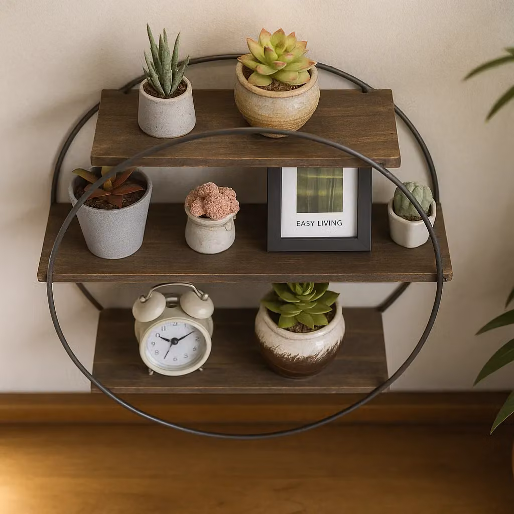 Rafaelo Mobilia Industrial 3 Tier Round Floating Wall Mounted Wooden Shelf in Brown and Black – 2