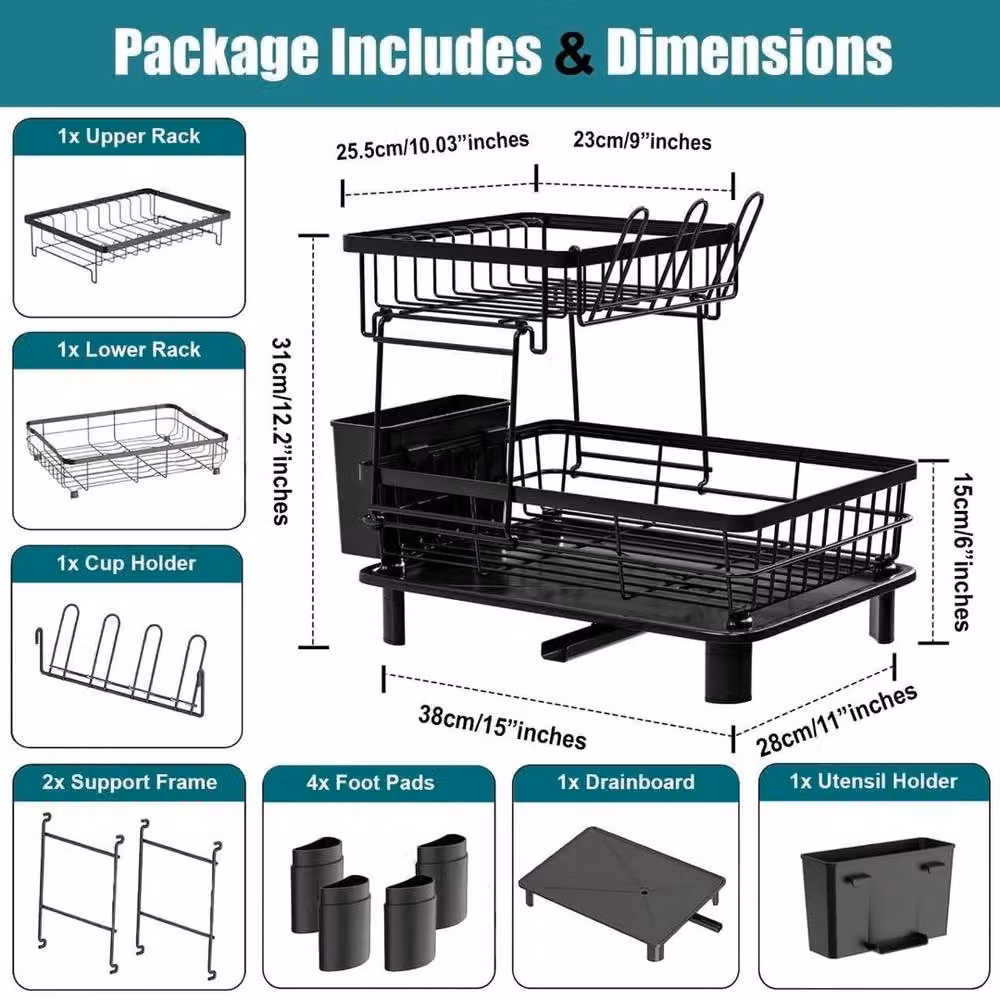 PAWNORA 2 Tier Black Dish Drainer Rack – 2