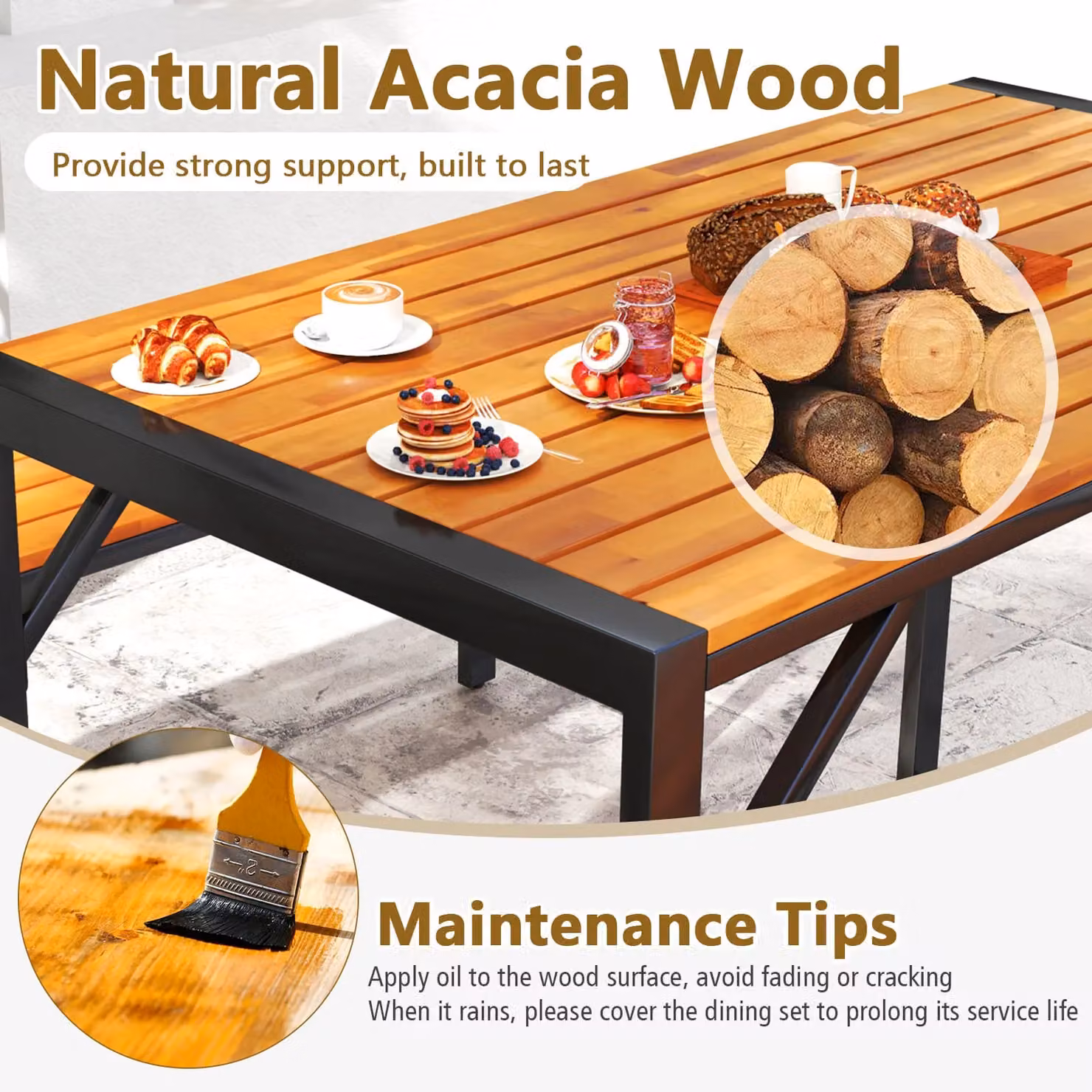 Costway 3-Piece Acacia Wood Patio Dining Set with Rectangular Picnic Table and 2 Benches in Brown – 8