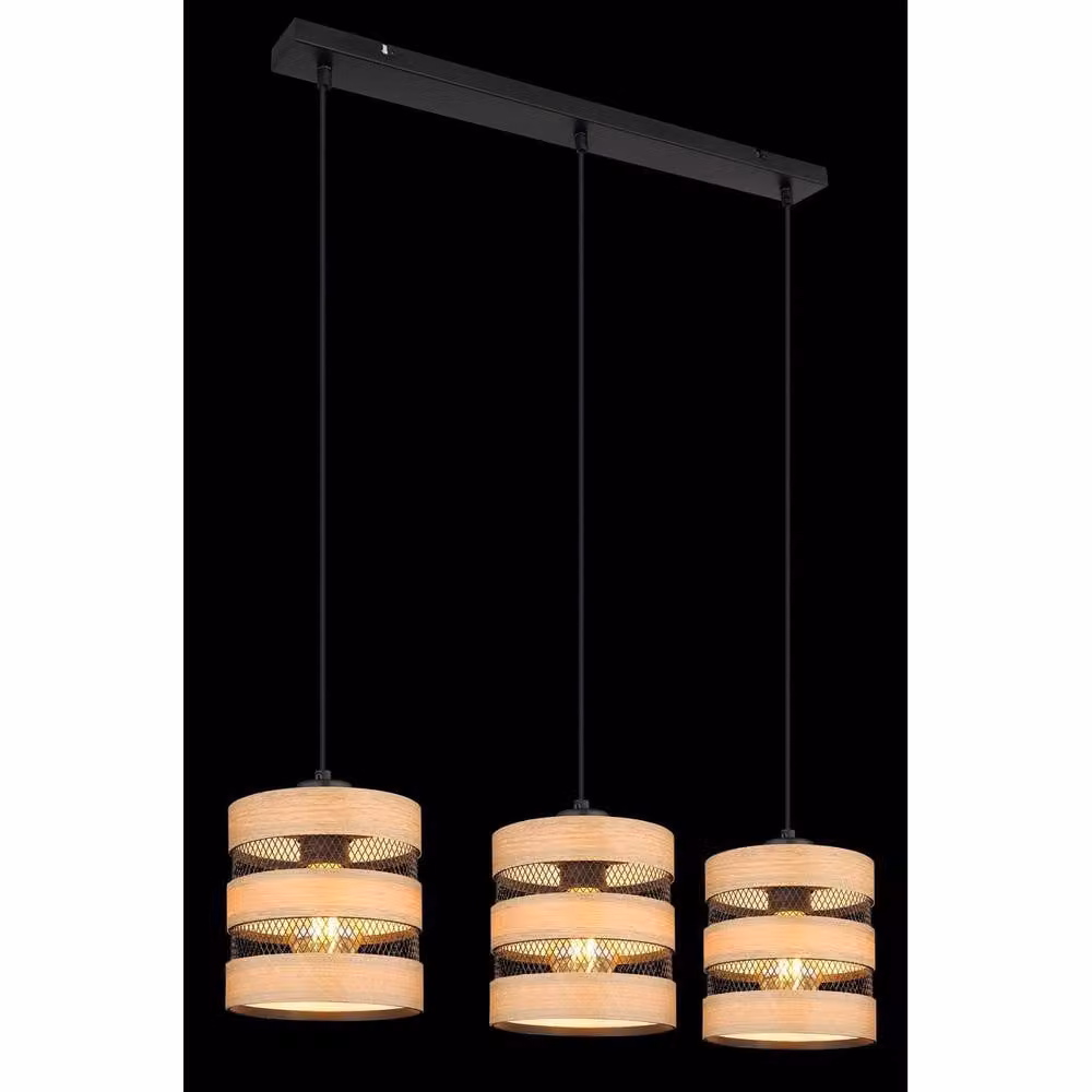 Netlighting Soeni Bar Pendant Ceiling Light in Matt Black with Wood Details, 3x E27, W: 120 cm, H: 18 cm – 2