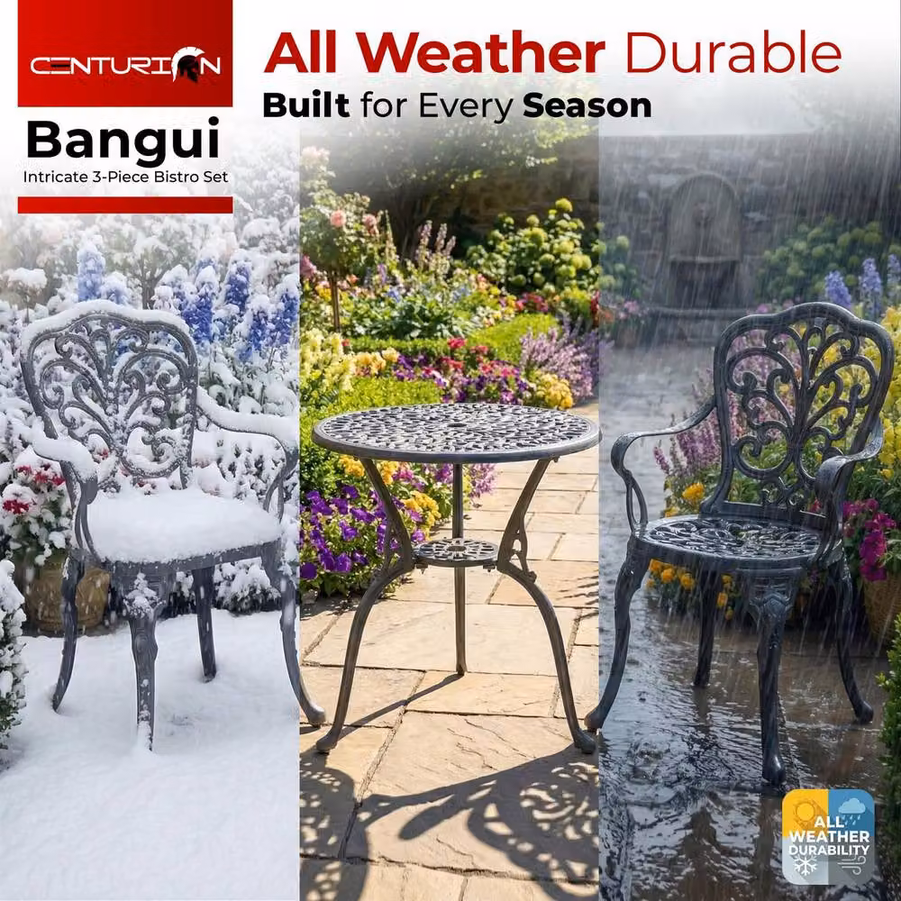 Centurion Supports BANGUI 3 Piece Cast Aluminium Garden Bistro Set in Grey with Table and 2 Chairs – 5