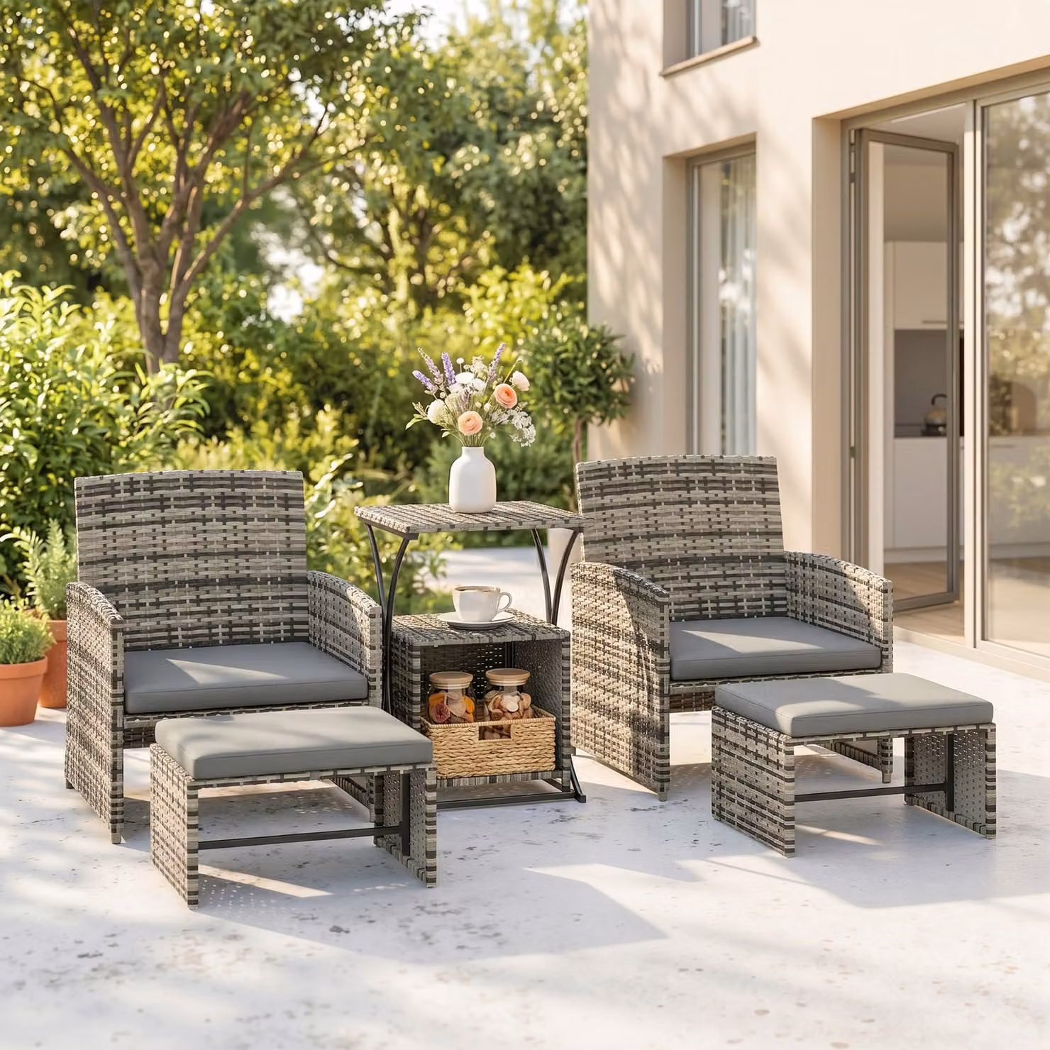 Outsunny 6 Piece Grey Rattan Garden Furniture Set with Nesting Tables, Chairs, Stools and Cushions – 2