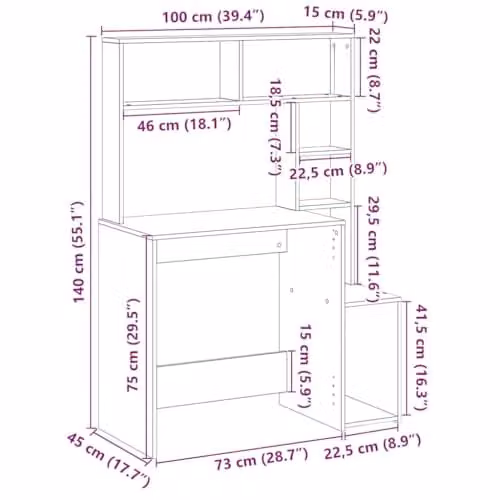 vidaXL Modern Writing Desk with Shelves in Black, W: 100 cm, D: 45 cm, H: 140 cm – 3