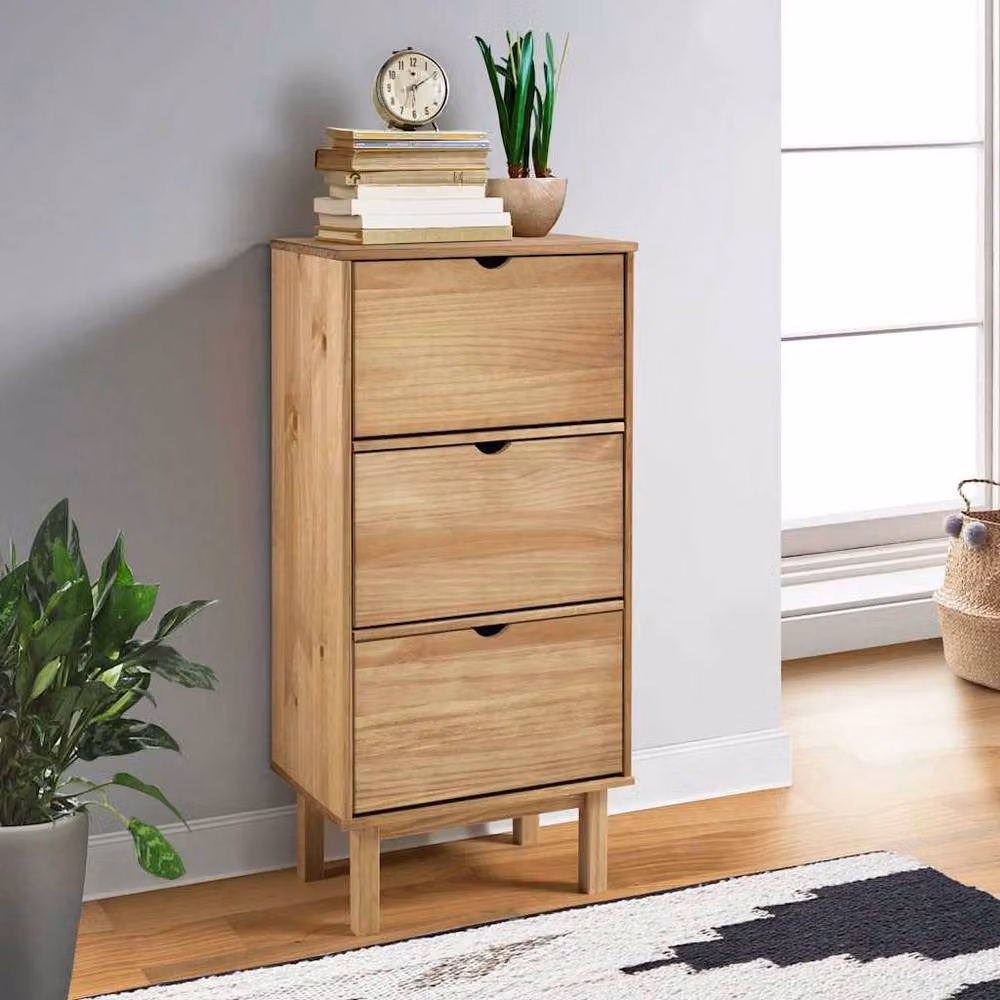 Berkfield Home OTTA Shoe Cabinet in Brown Solid Wood Pine with 3 Drawers and Tilting Compartments, W/D/H: 120 x 35 x 55 cm – 2