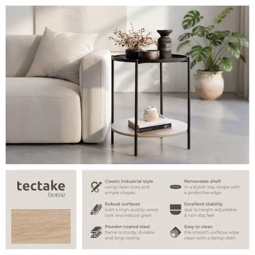 tectake Round Side Table with 2 Shelves and Metal Frame in Oak and Black, Ø 45.5 x H 54.5 cm – 4