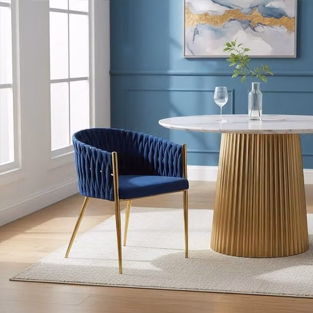 Fifty Five South Modern Blue Velvet Dining Chair with Gold Metal Armrests