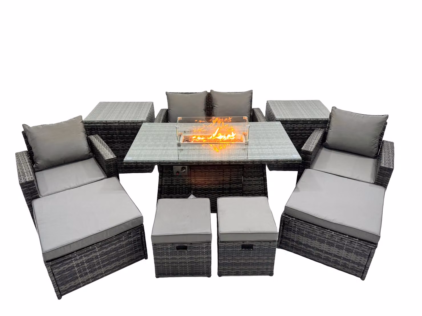 Fimous Outdoor Love Sofa Set in Dark Grey with 8 Seats, Gas Firepit Table, 4 Stools and 2 Side Tables – 2