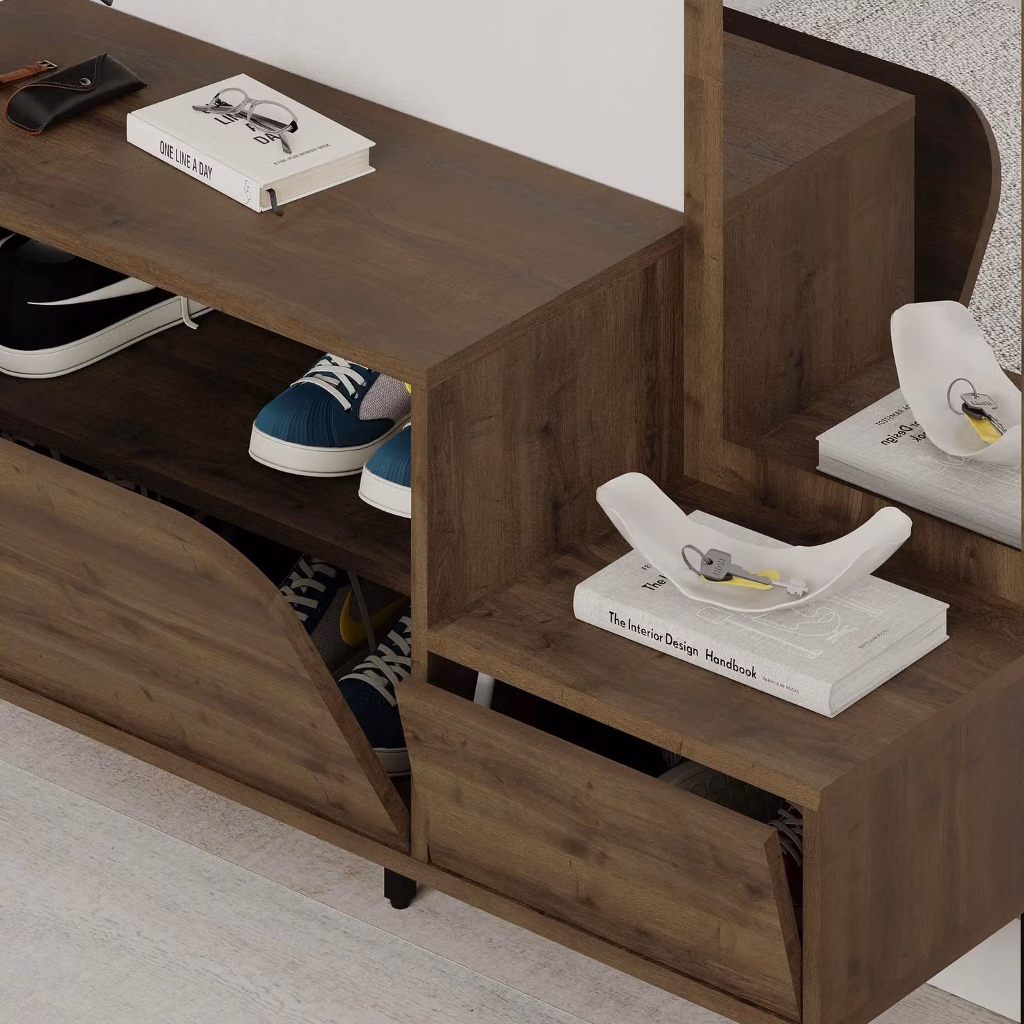 Decortie Mila Hall Tree Set with Full-Length Mirror, Shoe Cabinet and 5 Hooks, Brown, H 172 x W 112 x D 37 cm – 3