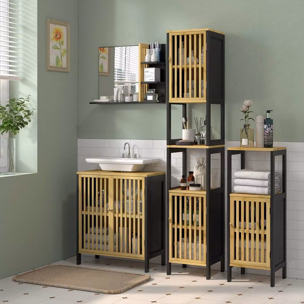 Wyld Haus Rotove Bamboo Style Under Sink Bathroom Cabinet in Black with Internal Shelves and Hinged Doors – 4
