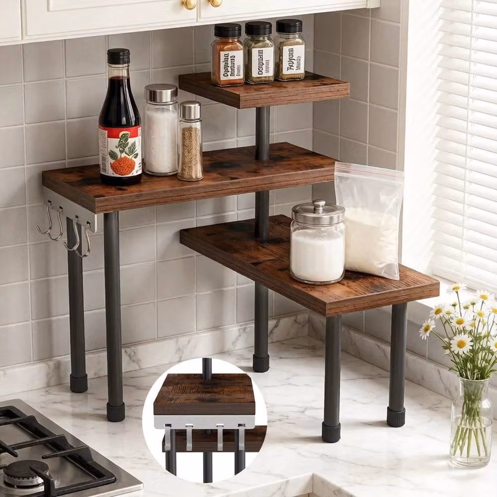 KORVIXA 3-Tier Industrial Corner Countertop Organizer in Brown – 4