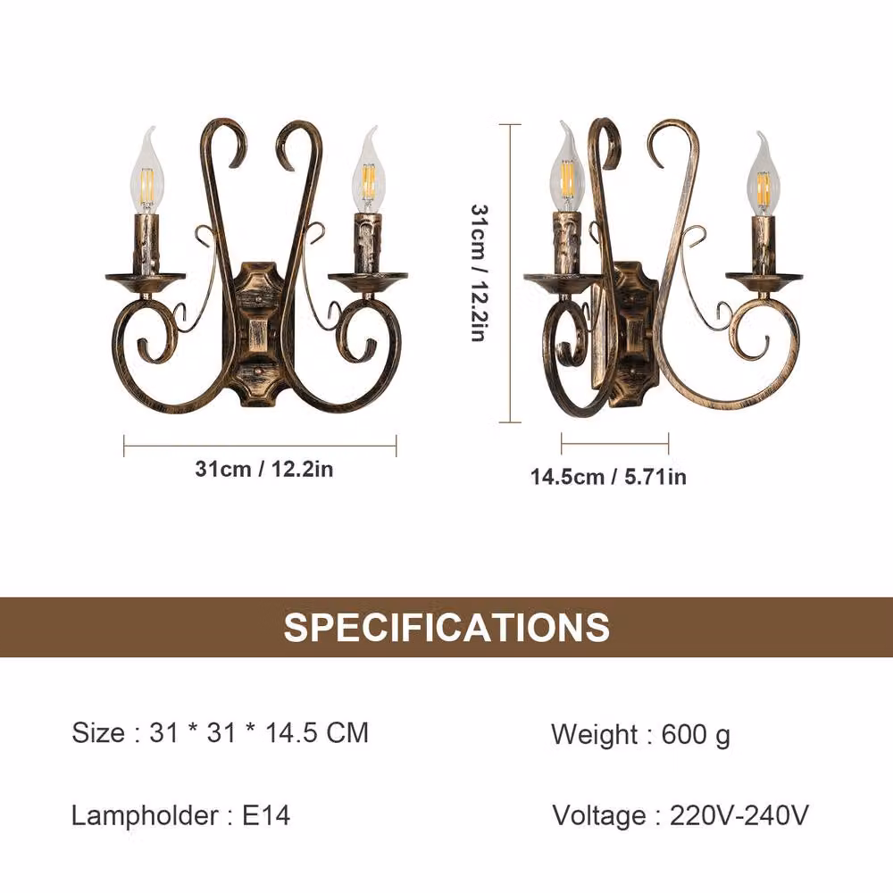 COMELY Rustic Bronze Metal Indoor Wall Lights with E14 Base – 2
