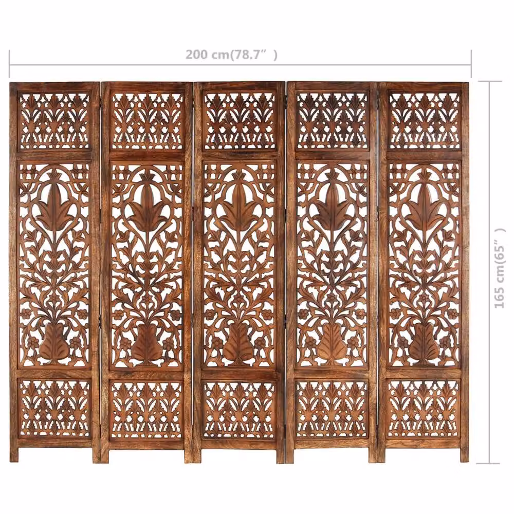 Berkfield Home Hand Carved 5-Panel Mango Wood Room Divider in Brown and Grey, W/H: 200 x 165 cm – 5