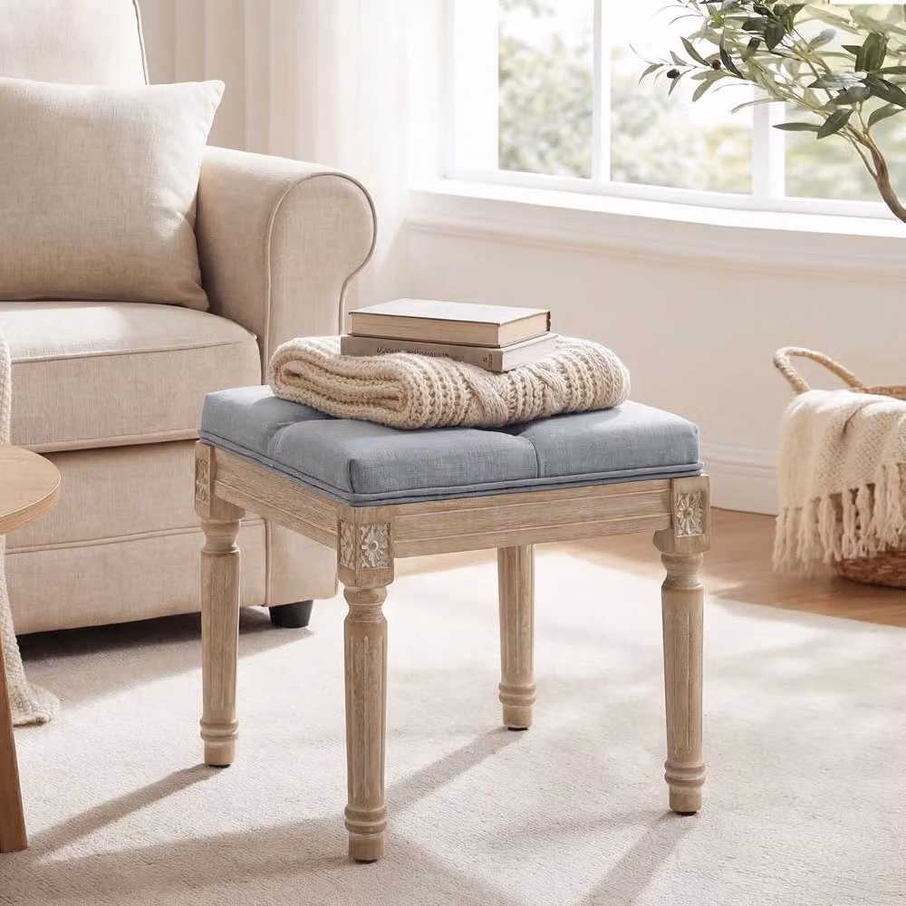 STILVORA Grey Fabric Foot Stool with Tufted Seat and Rubberwood Legs – 2