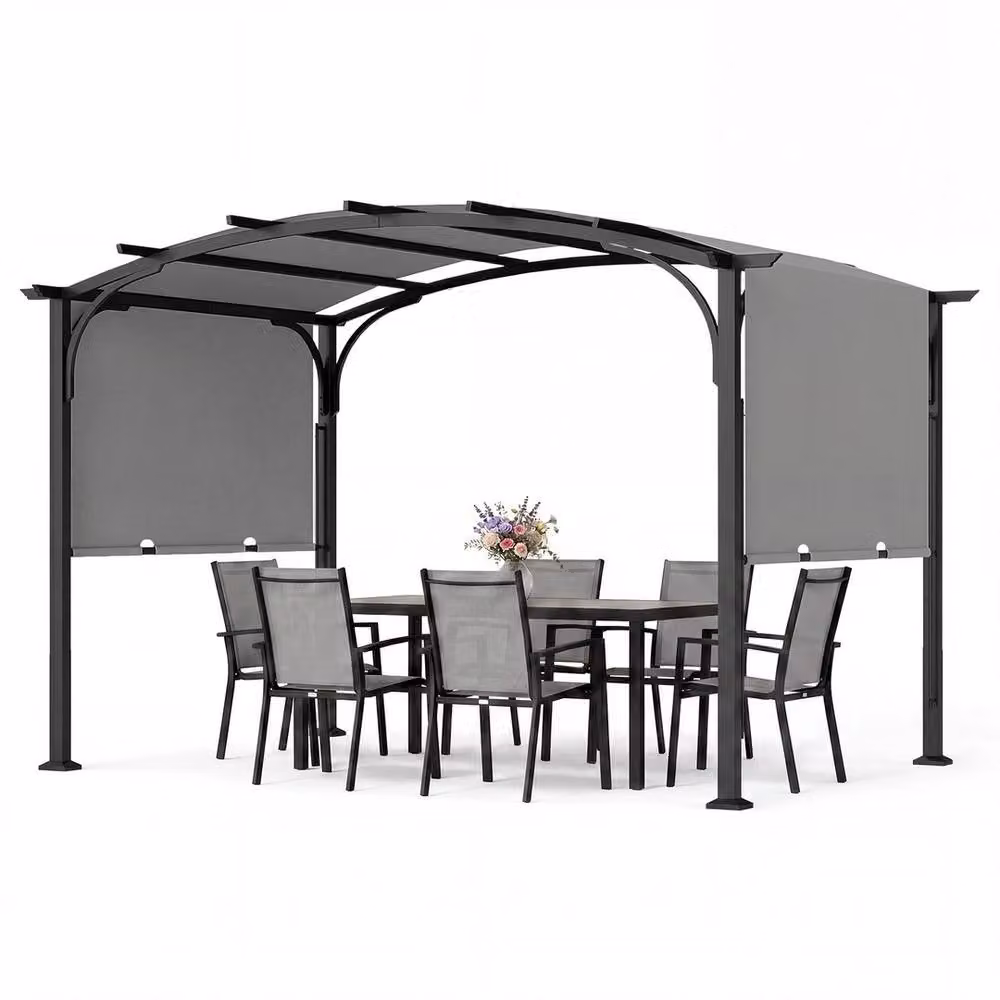 PAWNORA Curved Metal Garden Pergola with Sun Shade in Grey, W/D/H: 305 x 233 cm – 3