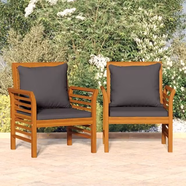 Berkfield Home Set of 2 Acacia Wood Garden Sofa Chairs in Brown with Dark Grey Cushions