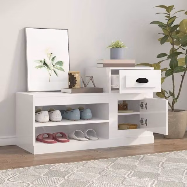 Berkfield Home High Gloss White Shoe Cabinet with Integrated Seat, W: 100 cm, D: 42 cm, H: 60 cm