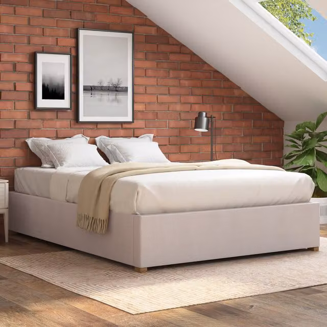 Aspire Upholstered Single Platform Ottoman Bed in Beige Fabric with Lift Up Base