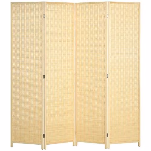 HOMCOM 4 Panel Folding Room Divider Screen in Rustic Brown with Pine and Bamboo Wood, W/H: 180 x 180 cm – 1