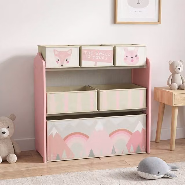 STILVORA Pink Toy Storage Organiser with 6 Fabric Bins, H 66.0 cm x W 63.0 cm x D 6.0 cm