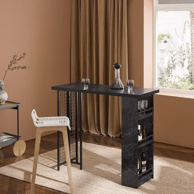 SoBuy Modern Black Marble Effect High Bar Table with Wine Storage – 1