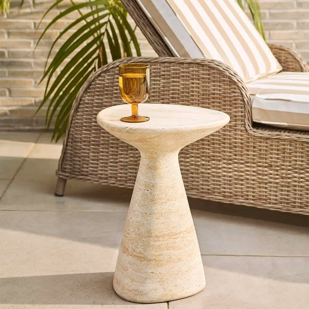 Atkin and Thyme Jasper Round Side Table in Beige and Brown Travertine Finish