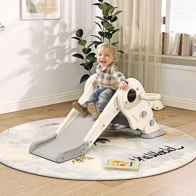 AIYAPLAY Foldable Kids Slide with Basketball Hoop and Climber in White