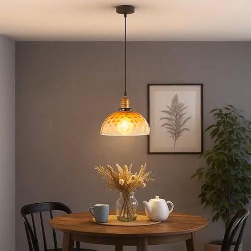 Globo Lighting Retro Amber Glass Dome Pendant Light with Brass and Black Metal Finish, D 25 cm x H 120 cm – 2