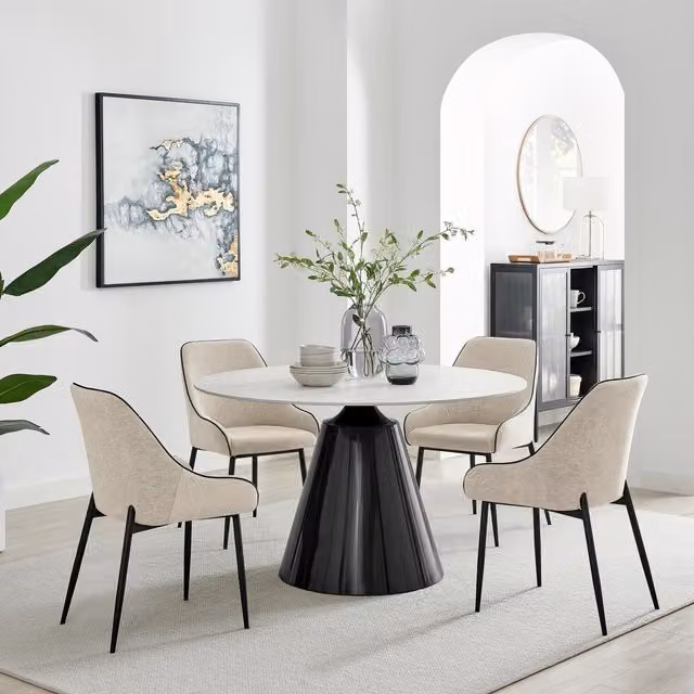 FurnitureboxUK Nina Round Ceramic Dining Table with 4 Cream Beaumont Chairs