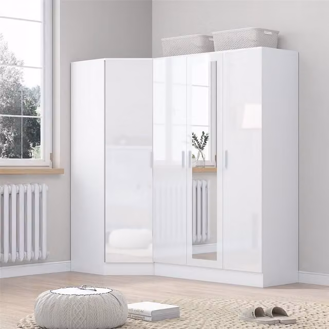 Reflect 2 Piece Wardrobe Bundle in Black and White Gloss, featuring 1 Door Corner and 3 Door Mirror Wardrobes, H 180 cm x W 186 cm x D 74 cm