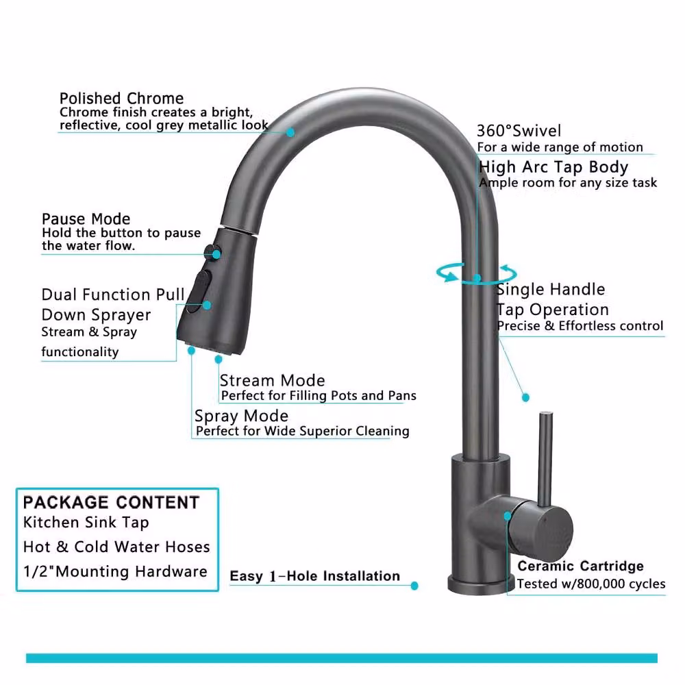 Heable Grey Brushed Steel Single-Lever Pull-Down Kitchen Mixer Tap with Swivel Spout and Spray Function – 2