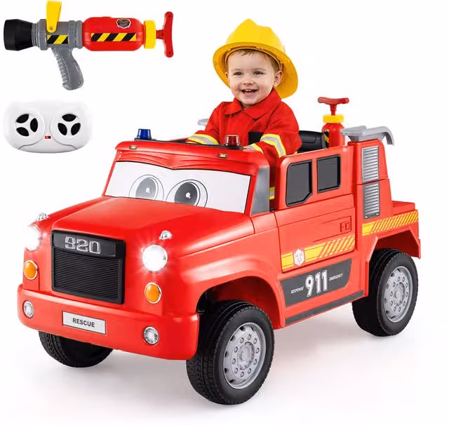 Costway Red Electric Ride On Fire Car Toy with Rechargeable Battery