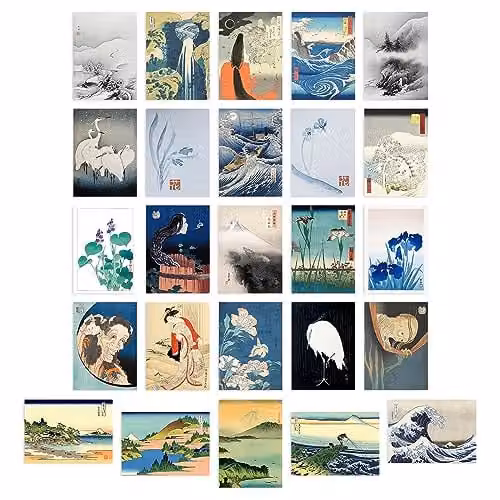 Artery8 50 Piece Japanese Aesthetic Ukiyo-e Woodblock Wall Art Collage Kit, Multicolour Paper Poster Collection, W: 14.8 cm, H: 10.5 cm – 1