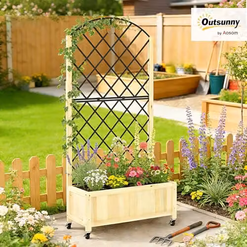 Outsunny Wooden Raised Garden Bed with Metal Trellis and Lockable Wheels, Natural Brown – 2