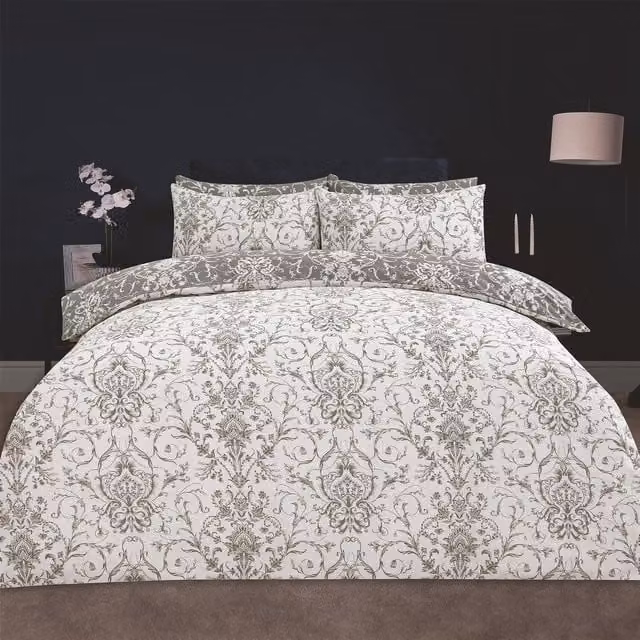 OHS Grey and White Floral Polycotton Duvet Cover Set, 90 x 190 cm