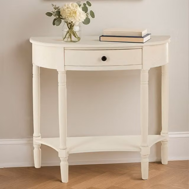 Orsina Rounded Pine Wood Console Table with One Rectangular Drawer in Off-White, W: 81 cm, D: 33 cm, H: 78 cm – 1