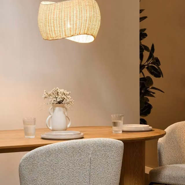 Wyld and Coco Natural Rattan and Metal Boho Pendant Lamp in Brown and Black, Diameter: 34 cm