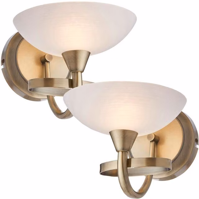 Loops Pack of 2 Dimmable LED Vintage Curved Wall Lights in Brass and White Lined Glass