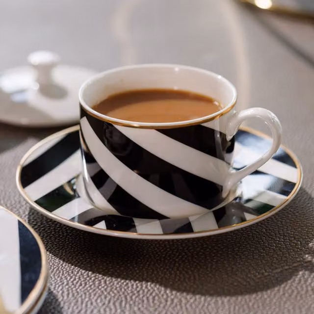 Mikasa Luxe Deco Geometric Print Bone China Tea Cup and Saucer Set, 200ml, Set of 2, Black, White and Gold